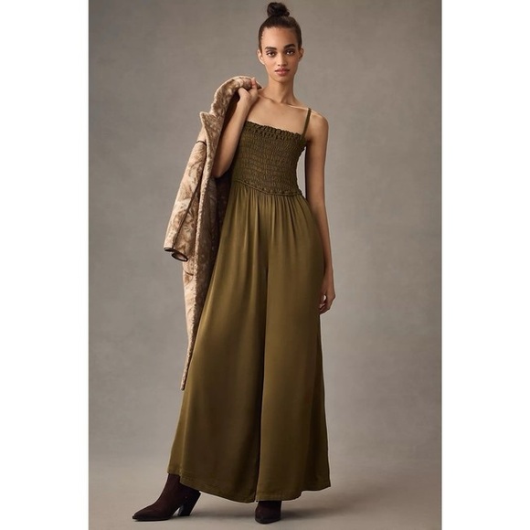 Pilcro Pants - Pilcro Olive Green Smocked Bodice Wide-Leg Jumpsuit